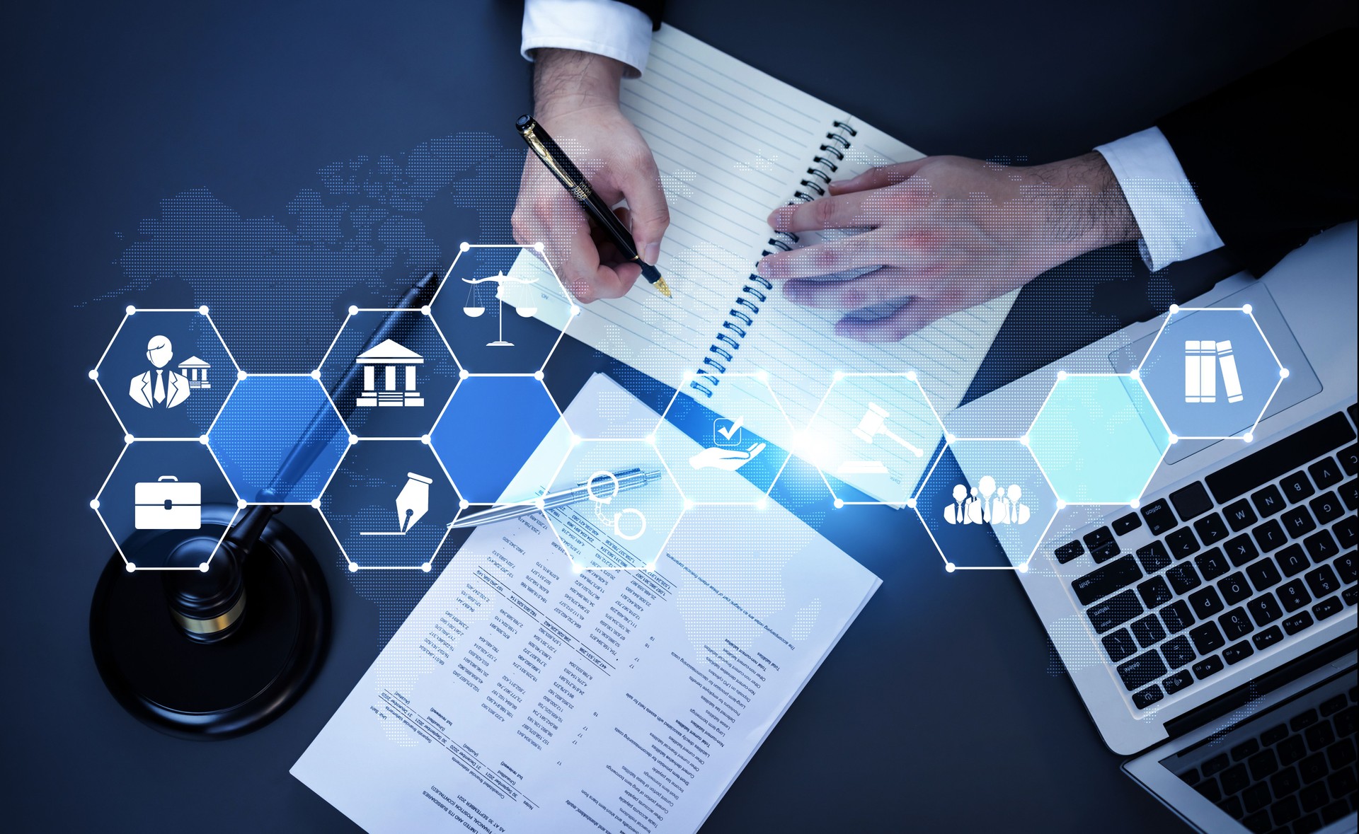 Smart law, legal advice icons and astute lawyer working tools in lawyers office
