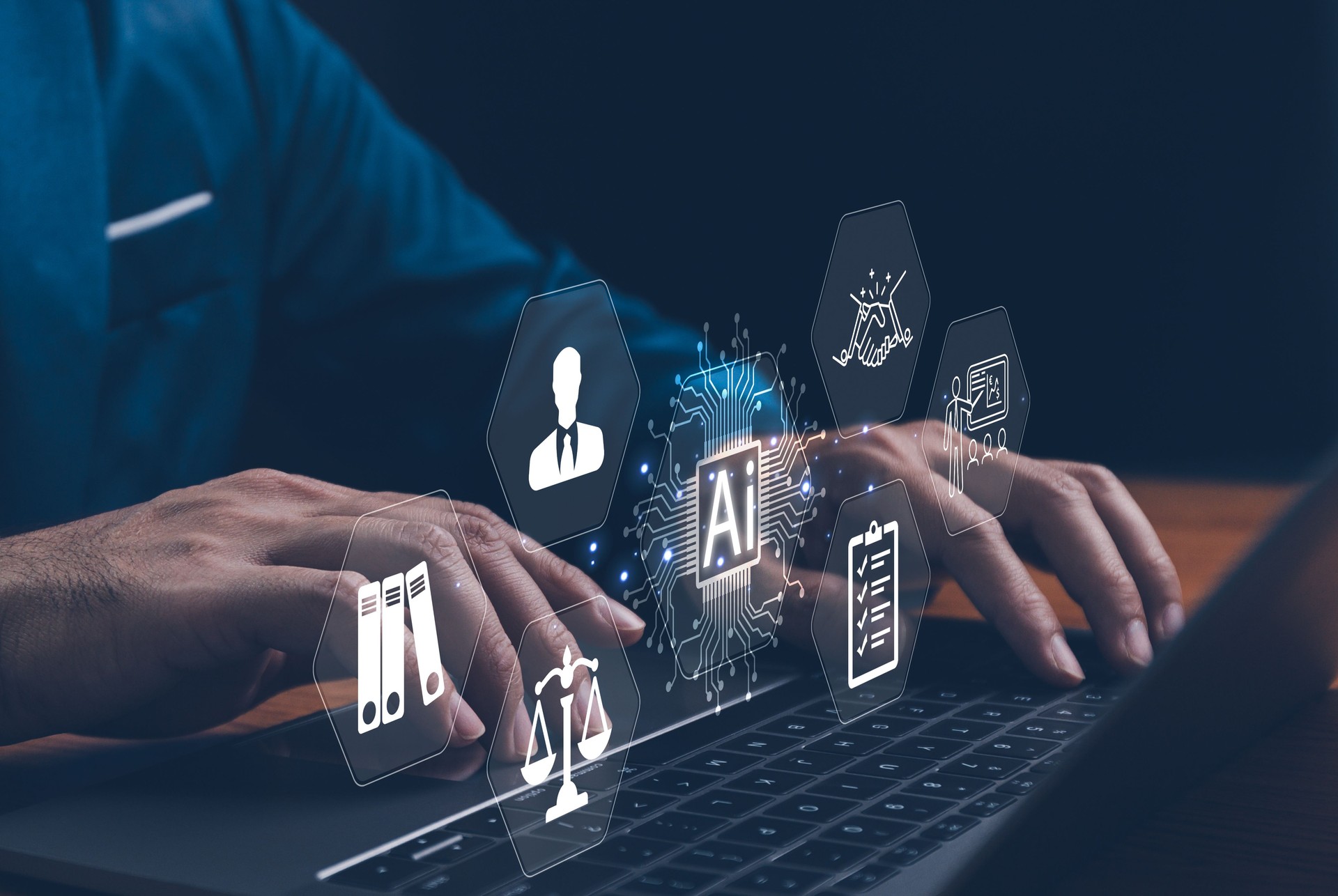 AI Laws and Regulations Concept: A hand typing on a laptop with digital screen, representing artificial intelligence, legal standards, ethics, and regulatory compliance. Visual symbolizes law.